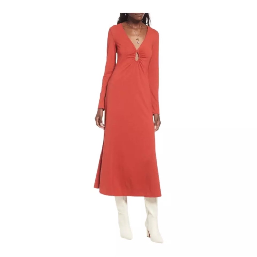 OPEN EDIT Ruched Cutout Long Sleeve Midi Dress In Rust Bossa
